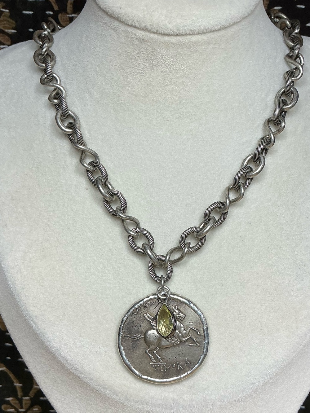 Antique Silver Chain 17” with Greek Coin - Pegasus and Lemon Quartz Charm